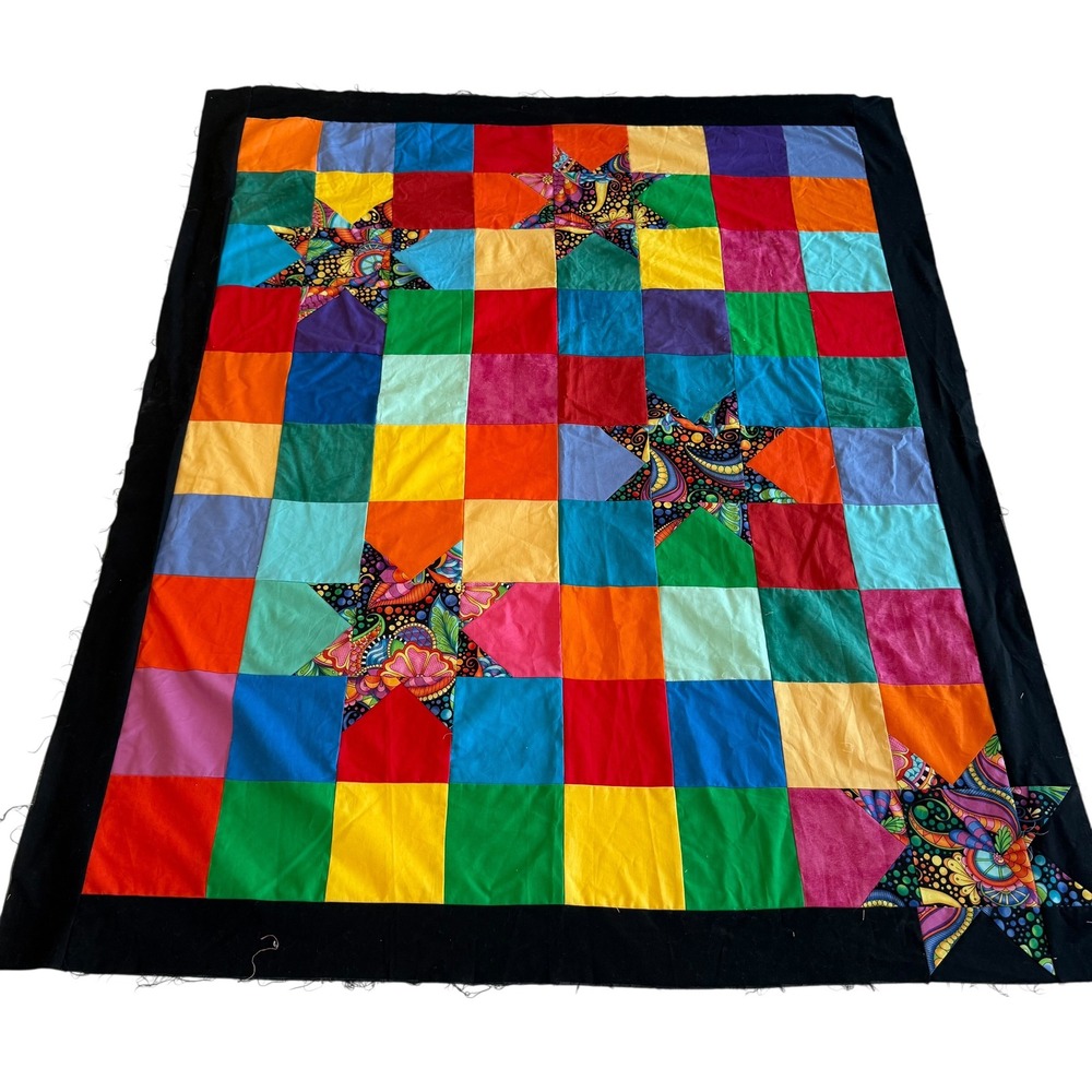 Handmade Rainbow Patchwork Quilt Top Psychedelic Star Applique 41x50 Black Trim‎